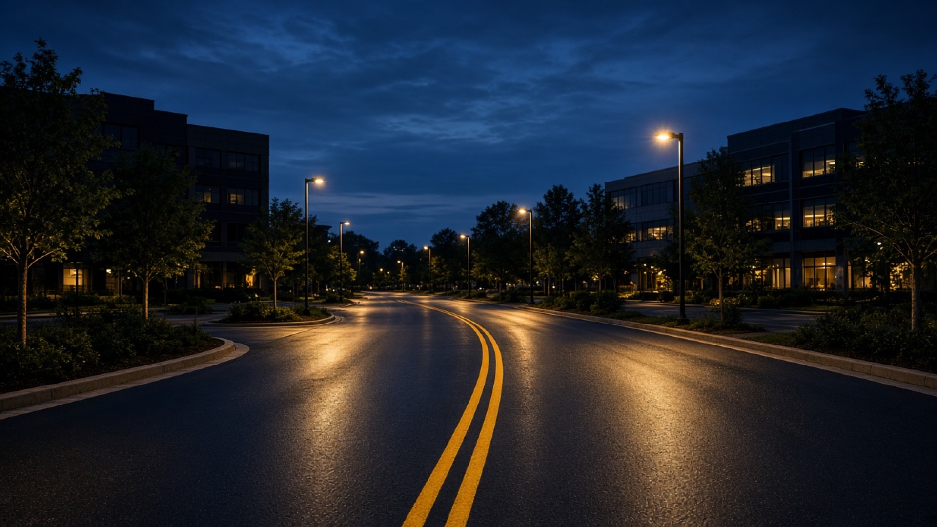 Newly paved commercial access road at twilight