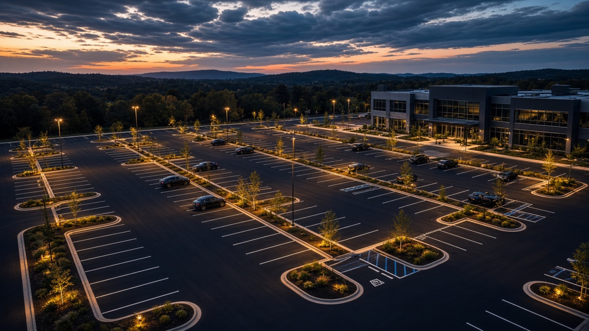 Aerial view of a freshly paved and striped commercial parking lot at dusk