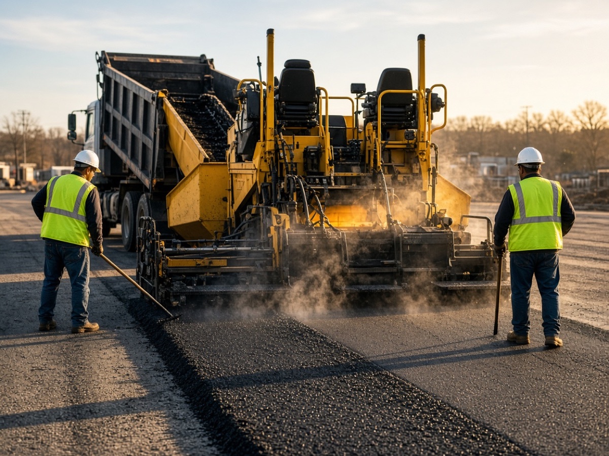 Paving crew placing hot mix asphalt with a paver and dump truck